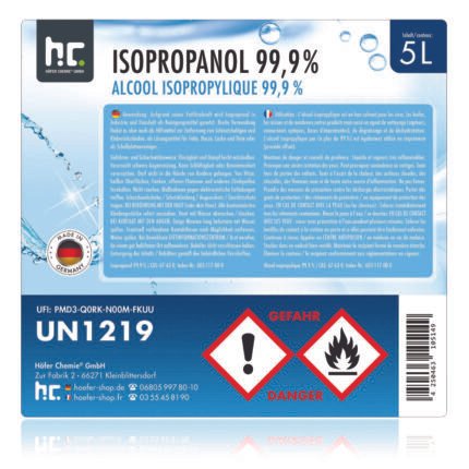 Explications de la bouteille d'alcool isopropylique 5L de la marque Höfer Chemie
