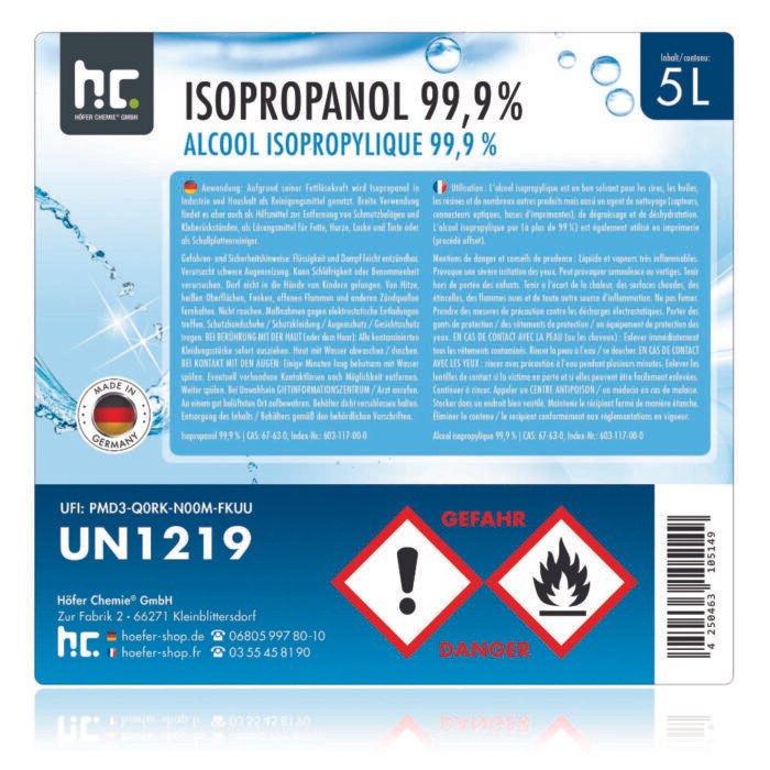 Explications de la bouteille d'alcool isopropylique 5L de la marque Höfer Chemie