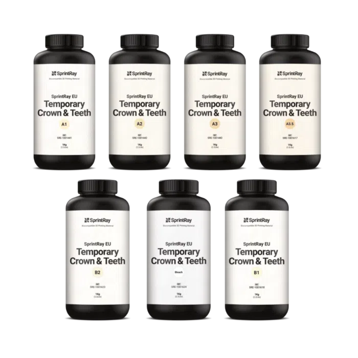 Les 7 pots d'1L de résine EU Temporary Crown & Teeth de la marque SprintRay vendu par Astem Digital