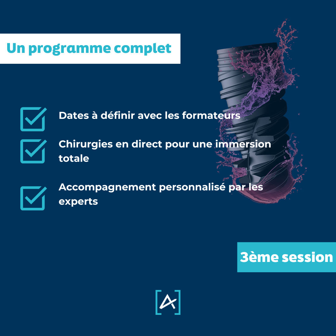 Programme de la formation implantaire "Demain je pose mon premier implant" avec les Dr Matthieu Collin et Guillaume Rousseaux