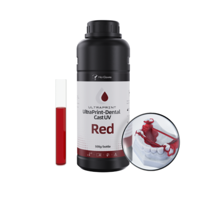 Le pot de 500mL en teinte rouge (red) de résine UltraPrint Dental Cast UV de la marque HeyGears