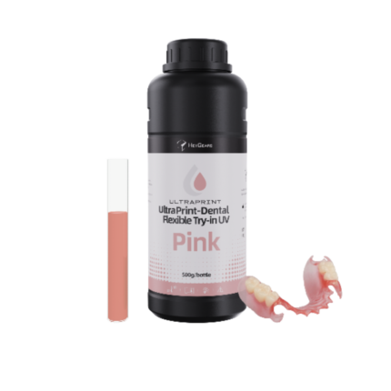 Le pot de 500mL en teinte rose (pink) de résine UltraPrint Dental Flexible UV de la marque HeyGears