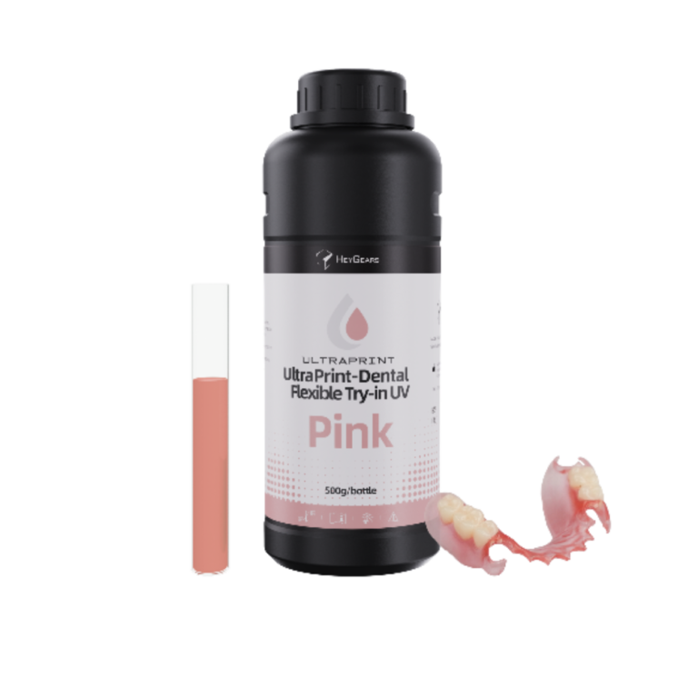 Le pot de 500mL en teinte rose (pink) de résine UltraPrint Dental Flexible UV de la marque HeyGears