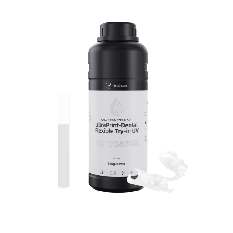 Le pot de 500mL en teinte transparent de résine UltraPrint Dental Flexible UV de la marque HeyGears