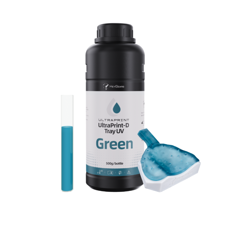 Le pot de 500mL en teinte verte (green) de résine UltraPrint Dental Tray UV de la marque HeyGears