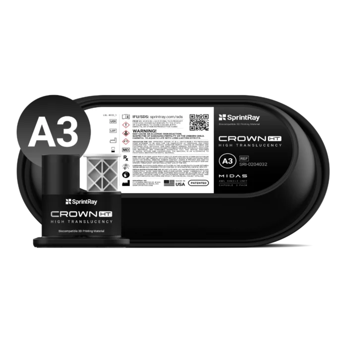 Capsules unitaires SprintRay Crown HT A3, résine pour couronnes, inlays, onlays et facettes définitives, compatible presse SprintRay Midas