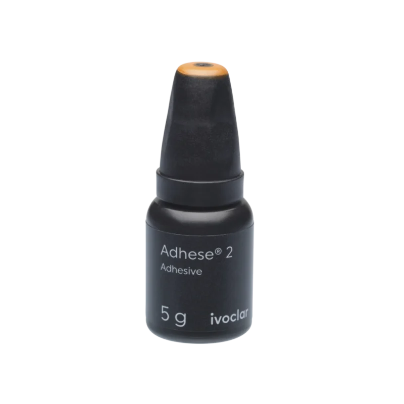 Flacon de 5 g d'adhésif universel Adhese 2 d'Ivoclar, photopolymérisable ou dual, avec applicateurs DC bleus
