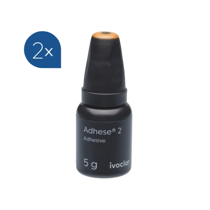 Flacon de 5 g d'adhésif universel Adhese 2 d'Ivoclar, photopolymérisable ou dual, avec applicateurs DC bleus
