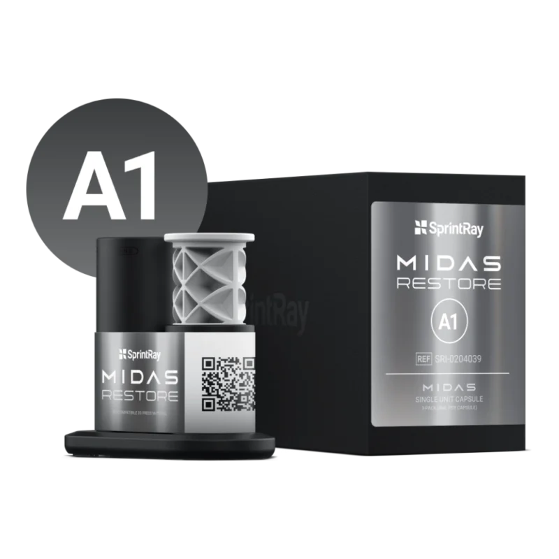 Boîte de 3 capsules unitaires SprintRay Midas Restore, résine de restauration définitive pour presse numérique Midas, teintes A1 à C2