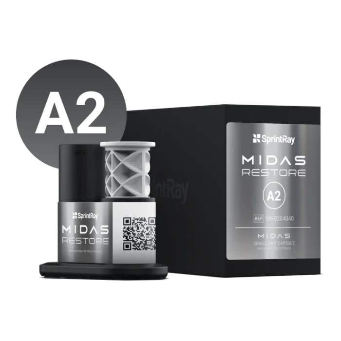 Boîte de 3 capsules unitaires SprintRay Midas Restore, résine de restauration définitive pour presse numérique Midas, teintes A1 à C2