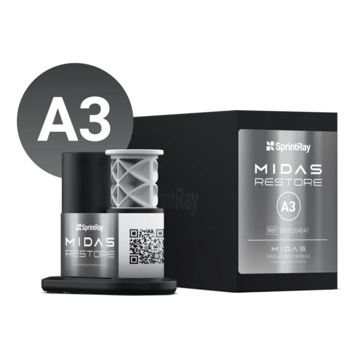 Boîte de 3 capsules unitaires SprintRay Midas Restore, résine de restauration définitive pour presse numérique Midas, teintes A1 à C2