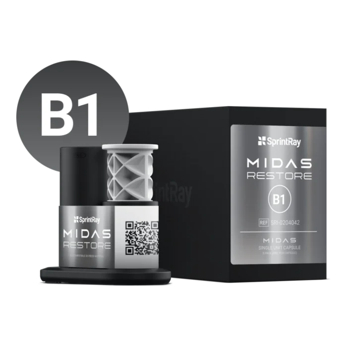 Boîte de 3 capsules unitaires SprintRay Midas Restore, résine de restauration définitive pour presse numérique Midas, teintes A1 à C2