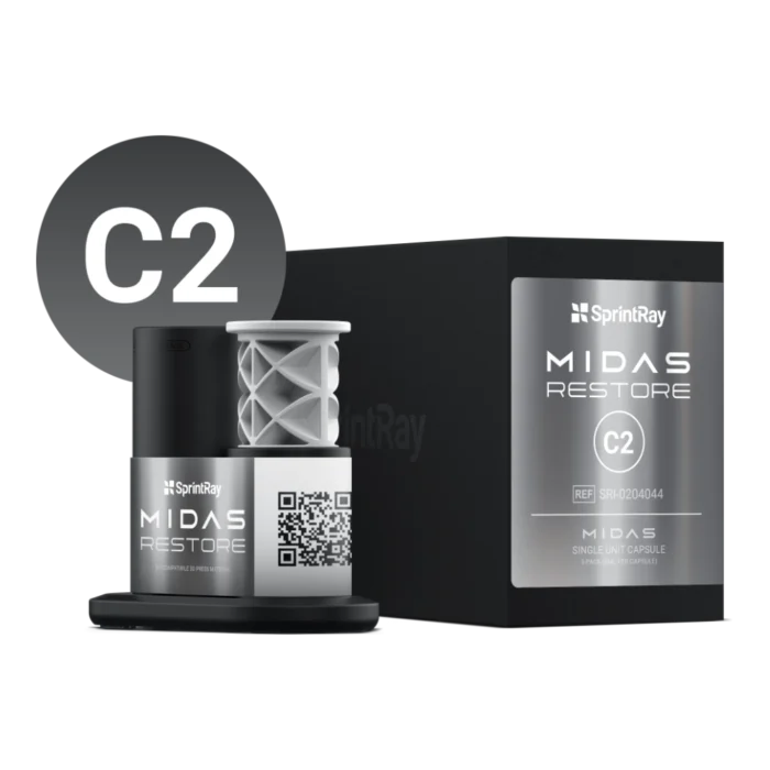 Boîte de 3 capsules unitaires SprintRay Midas Restore, résine de restauration définitive pour presse numérique Midas, teintes A1 à C2