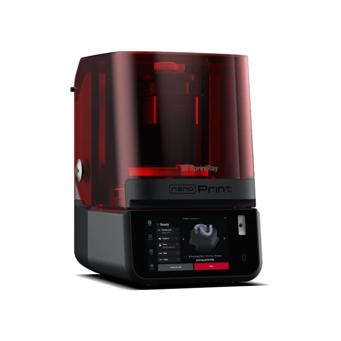 SprintRay NanoPrint, imprimante 3D dentaire compacte rouge et noire avec écran tactile, conçue pour l'impression au fauteuil
