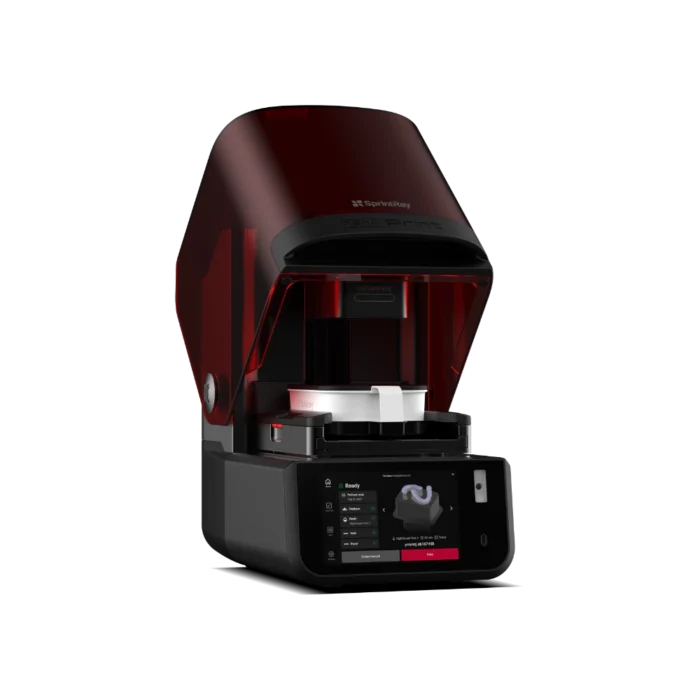 SprintRay NanoPrint, imprimante 3D dentaire compacte rouge et noire avec écran tactile, conçue pour l'impression au fauteuil