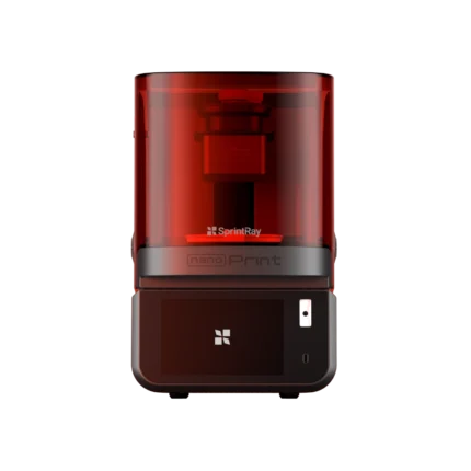 SprintRay NanoPrint, imprimante 3D dentaire compacte rouge et noire avec écran tactile, conçue pour l'impression au fauteuil