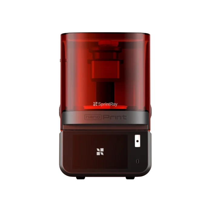 SprintRay NanoPrint, imprimante 3D dentaire compacte rouge et noire avec écran tactile, conçue pour l'impression au fauteuil