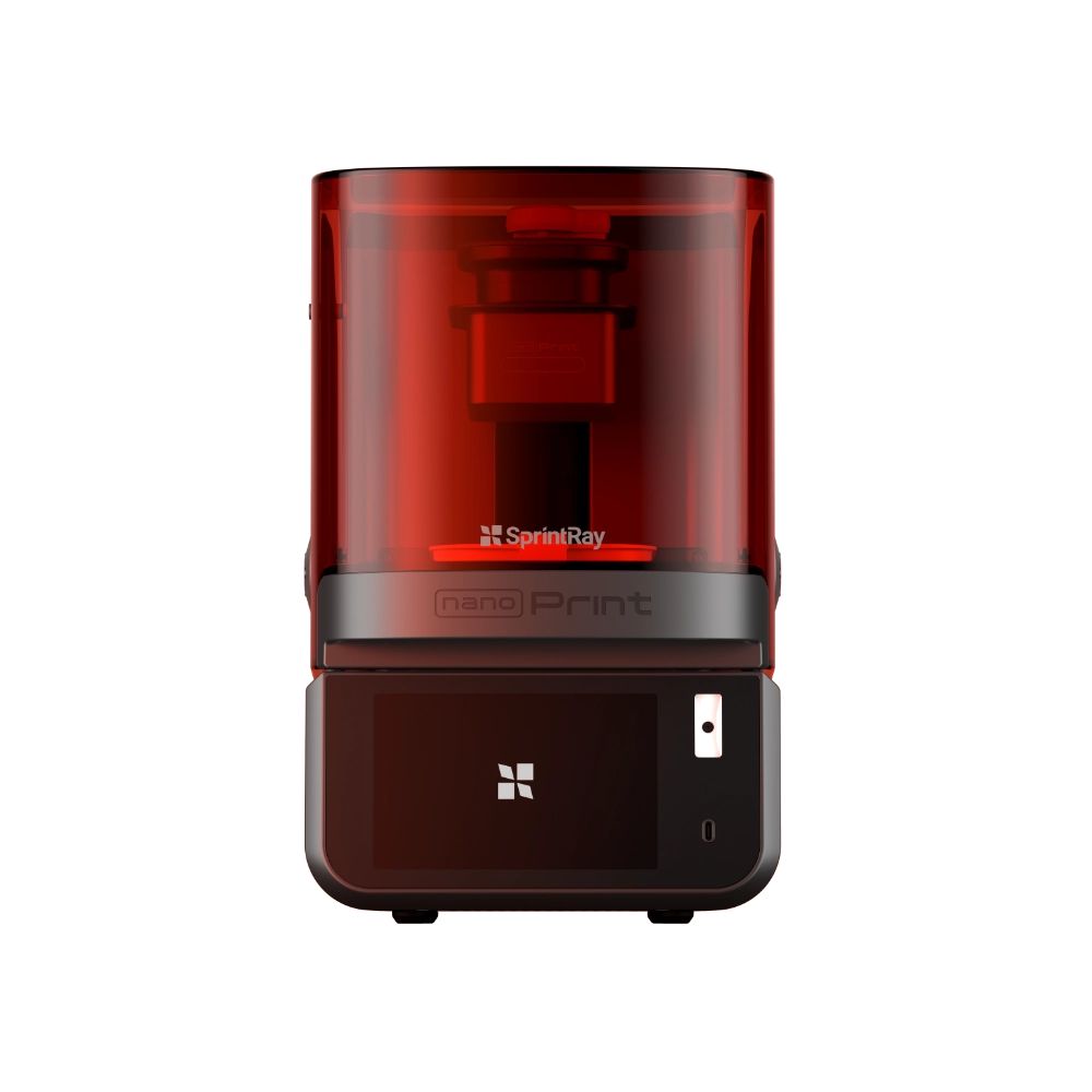 SprintRay NanoPrint, imprimante 3D dentaire compacte rouge et noire avec écran tactile, conçue pour l'impression au fauteuil