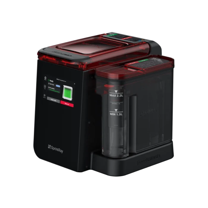 SprintRay NanoWash, station de lavage et de séchage hermétique rouge et noire avec écran tactile pour pièces dentaires imprimées en 3D