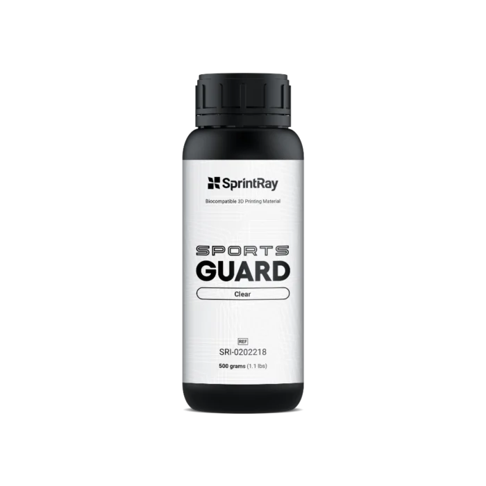 Flacons de résine SprintRay SportsGuard de 500 g en teintes Crimson Red, Cobalt Blue et Clear pour protège-dents sportifs