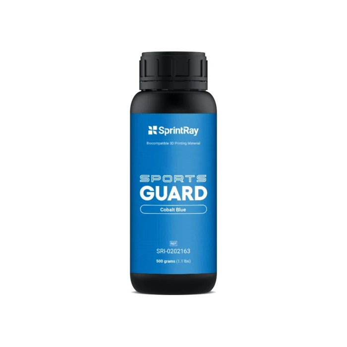 Flacons de résine SprintRay SportsGuard de 500 g en teintes Crimson Red, Cobalt Blue et Clear pour protège-dents sportifs